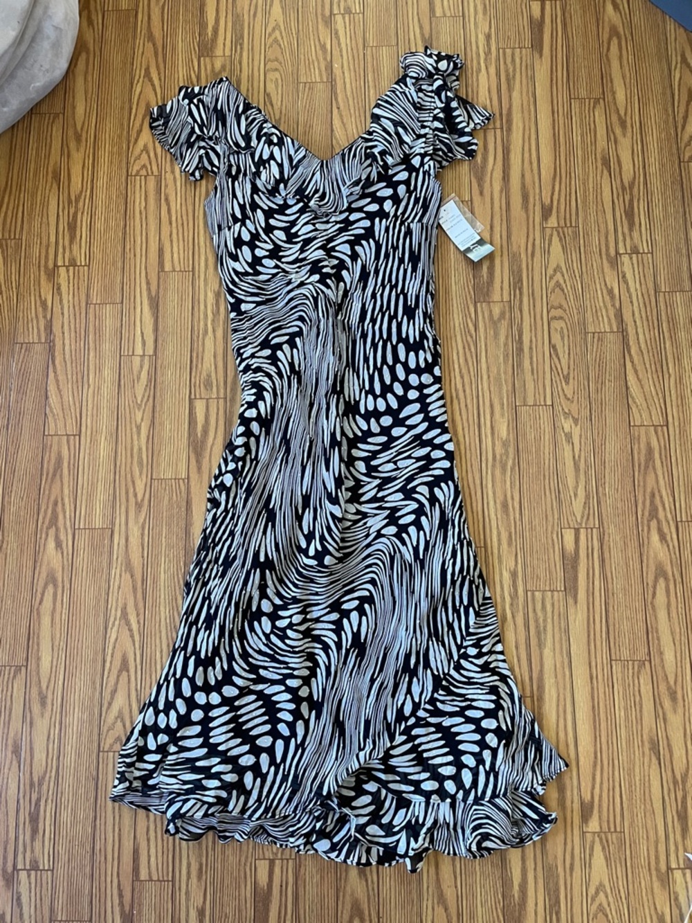 Vintage deadstock Eva Blue rayon beaded black/white ruffle formal maxi dress